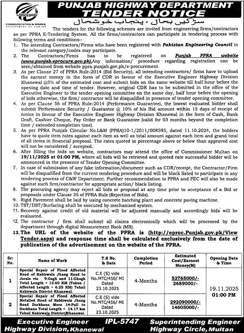 Punjab Highway Department Multan Tender Notice